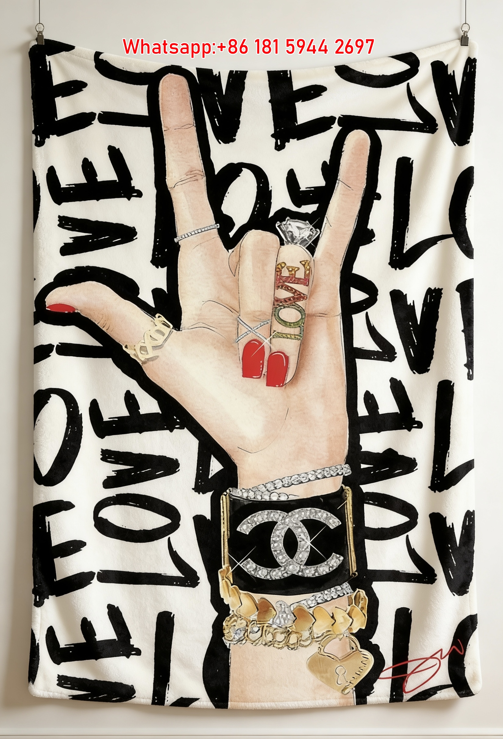 Chanel CC Logo Love Hand Gesture Art Flannel Sofa Throw Blanket IMG_6763
